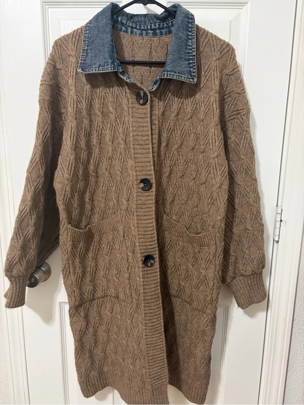COMMENSE Diamond Stitch Knitting Longline Cardigan Denim Tan Oversized fit S - Picture 5 of 15